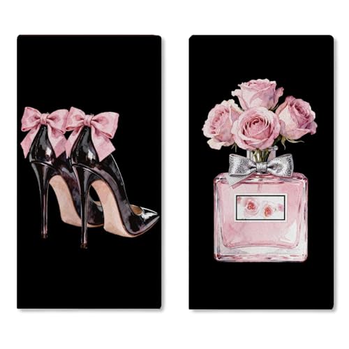 Croar Pink Black High Heels Perfume Kitchen Dish Towels Set of 2