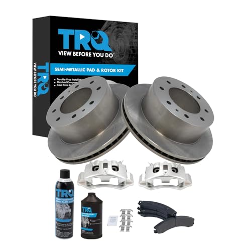 Image of TRQ Rear Semi-Metallic brake Pad, Rotor & Caliper Kit w /Fluids for Chevy
