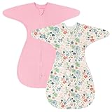 ZIGJOY Shark-Fin Transition Swaddle - 1.0 Tog Baby Sleep Sack Soft Cotton Transitional Swaddle Baby Wearable Blanket with 2-Way Zipper for All Seasons, Pink&Flower, 3-6 Months