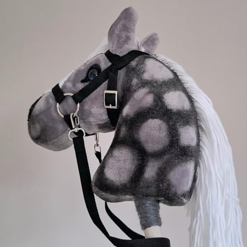 Hobby Horse A4 - Realistic Hobbyhorse with Bridle - Grey Toy Plush Horse Head on Stick - Blue Eyes White Mane