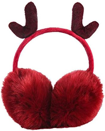 Red Earmuffs Merry Christmas Antlers Headband Outdoor Ear Warmer Burgundy Ear Muffs for Winter Women,Red
