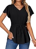 Vrtige Women's Summer Blouse V Neck Short Sleeve Shirt Drawstring Tie Front Peplum Top Black Medium
