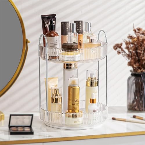 Image of Golden bird 360 Rotating Makeup Organizer Stand Cosmetic Storage with Hooks, Dressing Table Organiser, Organizer Storage Box for Make-up Accessories (Clear White, 2 Tier)