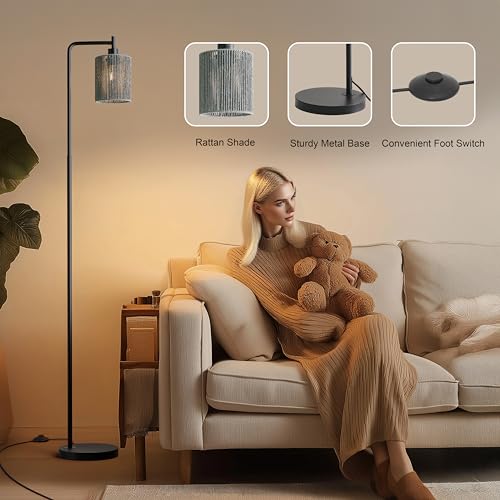 Image of Oneach 66 inch Black Floor Lamp for Living Room, Boho Floor Lamp with LED Bulb, Foot Switch, Gray Rattan Shade, Industrial Tall Farmhouse Standing Lamp for Bedroom, Dining Room, Study Room, Office