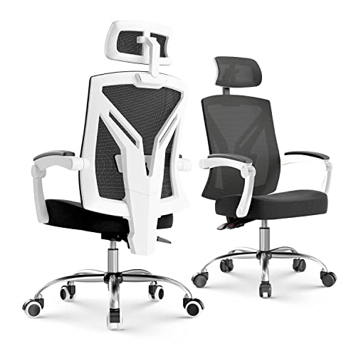 Hbada Ergonomic Office Chair High Back Desk Chair Recliner Chair with Lumbar Support Height Adjustable Seat, Headrest- Breathable Mesh Back Soft Foam Seat Cushion, White