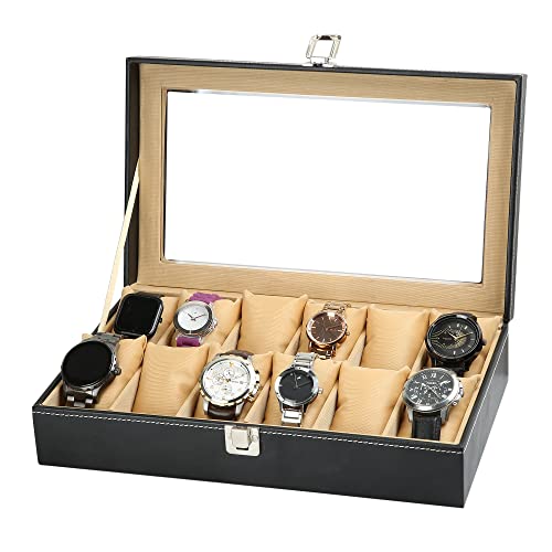 Image of ZENWOOD Black and Beige Unisex 12 Slots Watch Box Organizer PU Leather Watches Display Case Storage Box