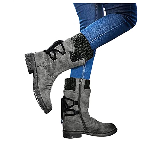 Hbeylia Boots For Women Thermal Suede Knit Splicing Lace Up Fashion Casual Round Toe Chunky Block Low Heels Non Slip Winter Snow Boots Warm Mid Calf Riding Work Dress Short Boots Womens Ankle Booties