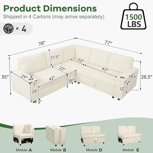 Image of Sectional Sleeper Sofa with Pull Out Bed, Modular Corner Sofa with Storage, Sectional Couches for Living Room, Convertible Sofa Bed for Living Room, Bedroom and Apartment, Beige