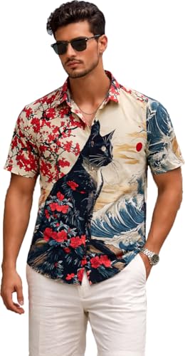 Image of Men's Watercolor Lion Print Button-Down Shirt, Short Sleeve, Casual Summer Wear, White
