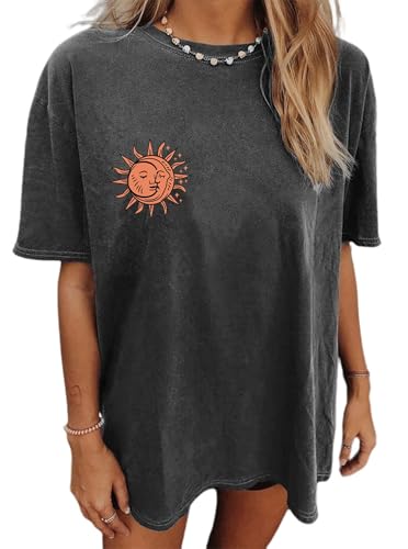 Image of Remidoo Women's Casual Oversized T Shirt Short Sleeve Graphic Tee Letter Sun Moon Shirts Grey XX-Large