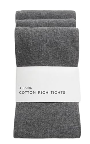 Girls Grey School Tights 3 Pack Knitted Cotton Rich Reinforced Toes Crotch (UK Age 7 Years 8 Years Regular Grey)