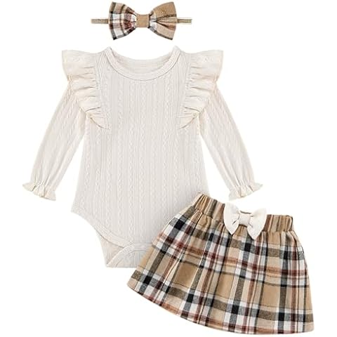 Weixinbuy Baby Newborn Girl Fall Clothes 12 18 Months Infant Girls Outfits Long Sleeve Romper Plaid Skirt with Headband Set Apricot Cover