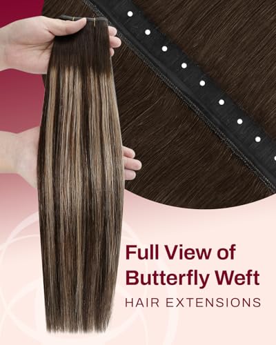 Image of Moresoo Butterfly Weft Hair Extensions Human Hair, Invisible Genius Weft, Medium Brown Mixed with Caramel Brown 16 Inch 80g, OVO PU Hole, Straight Soft Remy Hair, Simple Installation