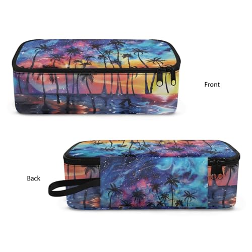 Image of Starry Beach Kids Large Pencil Pouch for Boys Girls Tropical Pencil Case with Metal Zipper Children Pencil Box for Adults Women Men Coin Purse Makeup Bag for Office Supplies