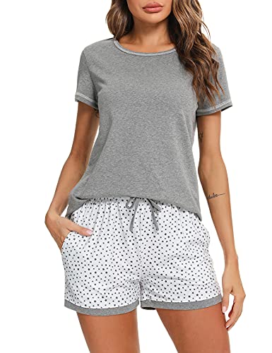 Litherday Pijama Mujer Verano Algodón Manga Corta Conjunto de Pijamas Cómodo y Transpirable con Cuello Redondo y Pantalones Cortos Ropa para Dormir con Bolsillos y Cordón, Gris, S