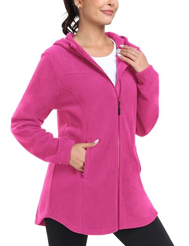MoFiz Women's Long Fleece Zip Up Hoodies Long Sleeve Full Zip Soft Warm Polar Fleece Jacket Coat with Pocket for Fall Winter Rose Red M