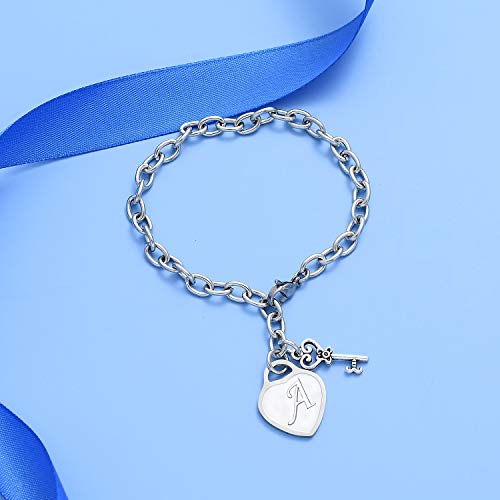 Malyunin Initial Bracelets Key Heart Charm Bracelets For Women Charms Bracelet For Girls Stainless Steel Bracelet 26 Letters Jewelry Birthday Christmas Gifts A-Z thumb #2