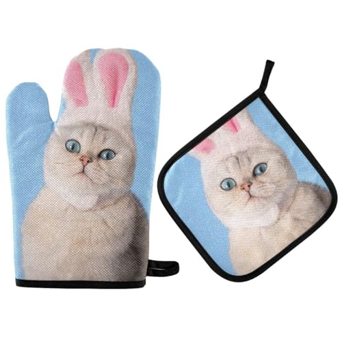 Akiraki 鍋つかみ オーブンミトン ねこ 猫柄 うさぎ ブルー 青 おもしろ 耐熱 オーブングローブ 鍋敷き 耐熱ミトン キッチン用品 北欧 厚手 断熱 バーベキュー BBQ クッキング