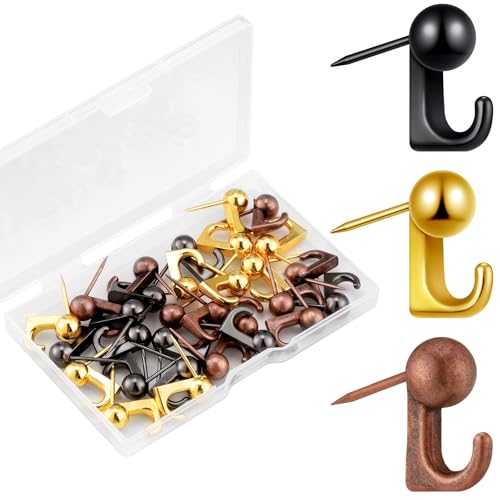 Image of Jetec 30 Pieces Metal Push Pin Hangers Pin Wall Hooks Picture Hanging Picture Nails Frame Oil Painting Hooks on Wooden or Fabric Wall for Home or Office (Red Antique,Gold,Black)