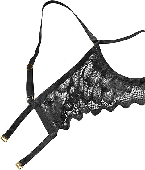 Image of Lilosy Women's Sexy Underwire Floral Lace Sheer Lingerie Set See Through Bra and Panty 4 Pieces Pasties Black X-Large