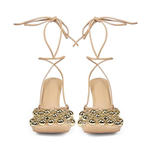 Image of Saint Leia Women's 4IN High Heel Sandals Nude Stiletto Pumps with Gold Silver Pearls Heels for Weddings Parties and Evening Wear