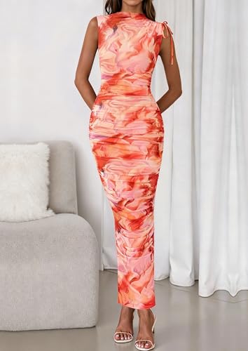Image of PRETTYGARDEN Women's Summer Maxi Dresses Ruched Bodycon Split Long Dress | Mock Neck, Sleveless, Floral Mesh Dress, Cocktails Dress for Wedding Guest, Party, Summer Outfits 2026