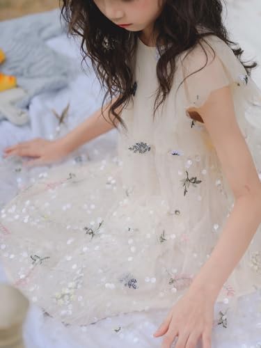 New 5-15Years Girls Beige Tulle Dress Embroidered Floral Sparkle Flutter Sleeve Cotton Lined Party3