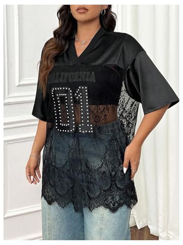 SOLY HUX Women's Plus Size Jersey Shirts Lace Sheer V Neck Half Sleeve Number Graphic Tees Casual T Shirt4