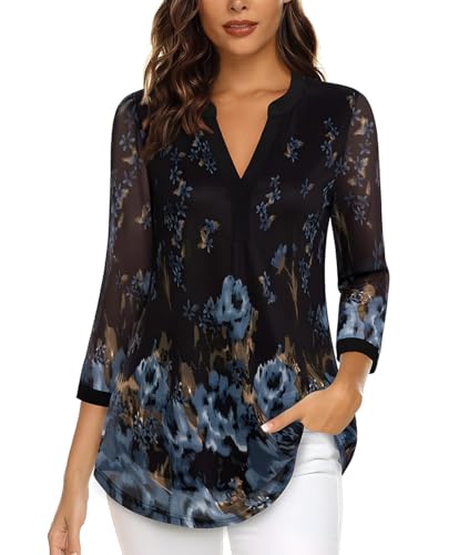 Lista de Blusa - 5 favoritos. 41 GRACELAND KRAIN YOUNG Blusa Elegante para Mujer 3/4 Manga - Camisa Larga con Cuello V y Estampado Floral - Túnica Holgada Que Afina la Silueta para Oficina, Fiesta o Casual