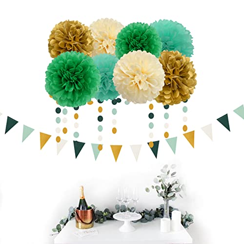 Image of Sage-Green Beige-Gold Baby Bridal-Shower Decorations - 30pcs Rustic Wedding Tissue Pom Poms,Tassel Garland Banner,Birthday Gender Reveal Bachelorette Engagement Party Decor Bunting Lasting Surprise