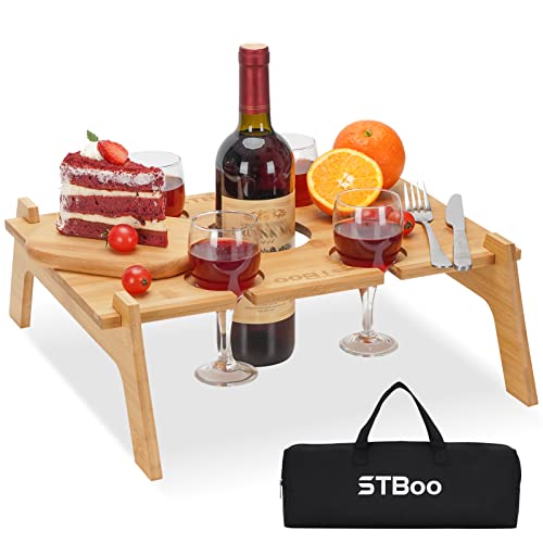 Stboo Outdoor Portable Wine Table, Outside Lightweight Picnic Table With Wine Bottle And 4 Glass Holder, Indoor Snack Wooden Table, Picnic Tray Table For Concerts At Park, Beach, Ideal Wine Lover Gift #TOP25