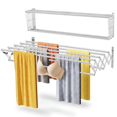 AONAT Tendedero Extensible Pared, Tendedero Pared Plegable Retractil con 7 Barras, Tendederos Plegable de Pareds de Interior o Exterior Apto, Acero Inoxidable, 60x52x18.5cm