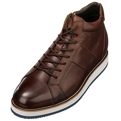 Image of CALTO Men's Invisible Height Increasing Elevator Shoes - Dark Brown Leather Combat Zipper Boots - 3 Inches Taller - Y6021 - Size 7.5 D(M) US