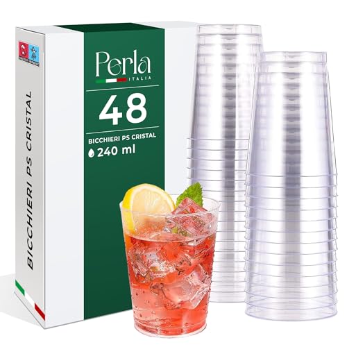 Perla - 48 Bicchieri in Plastica Rigida Riutilizzabile - Set Bicchieri 240ml Trasparente - Resistenti e Riciclabili - Bicchiere per Acqua, Vino, Drink - Made in Italy