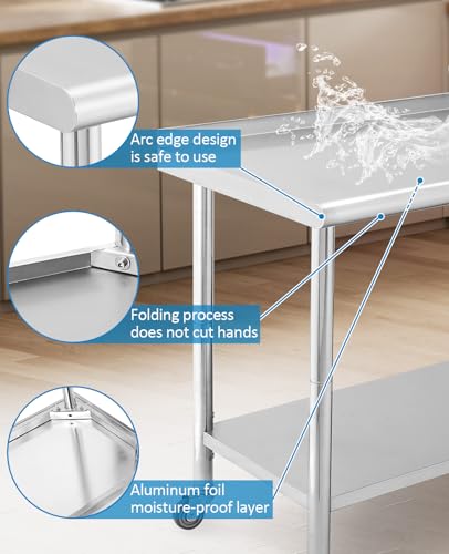 Stainless Steel Prep Table 36" x 24", NSF Commercial Kitchen Prep Table with Backsplash, Adjustable Undershelf, 5 Hooks and Wheels, Heavy Duty Workbench Workstation for Home Kitchen Restaur