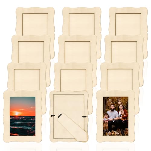 RYKOMO 12 Pieces DIY Wooden Picture Frames, Unfinished Solid Wood Photo Picture Frames for 4 x 6 in Photos, Standing Wooden Picture Frame for Valentine's Day Gift, New Year, Father's Day, Mother's Day DIY Crafts(Wave shape)