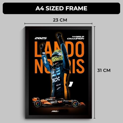 Image of Lando Norris Poster World Champion 2025 | Framed McLaren F1 Car A4 Sized (31 x 23 cm) | Lando Norris F1 Poster | McLaren Car Posters for Wall, Gift for Boys, Formula 1 Frames | Formula 1 Frame (F 167)