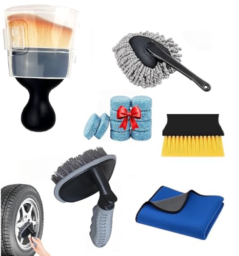 Image of Car Cleaning Kit 6 in 1 Combo - Car Washing Brush Set with Microfiber Duster, Drill Brush, Cleaning Tablets, Tyre Brush & Microfiber Cloth for Interior & Exterior Cleaning...