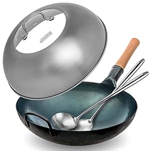 YOSUKATA Blue Carbon Steel Round Bottom Wok Pan 14″ + Wok Lid + 17’’ Wok Spatula and Ladle – Set of 2 Heat-Resistant Wok Tools