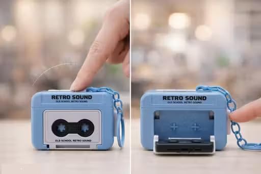 Image of Cassette Player | Retro Cassette Style Audio Recorder Device with Keychain Ring, 15 Second Message Recording Gadget, Cassette Design Body (Blue /Brown)
