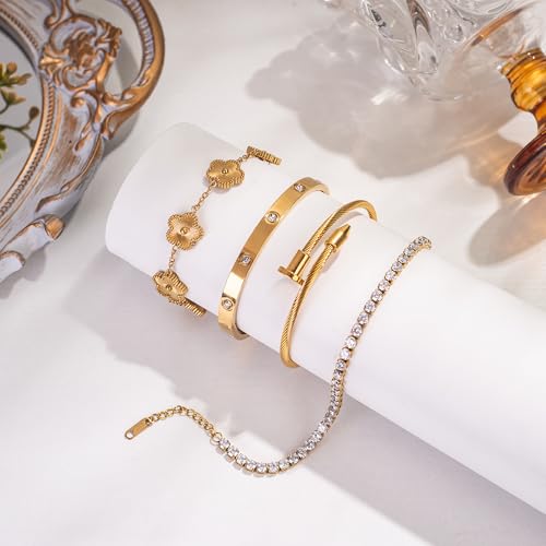 18K Gold Plated Nail love Bangle Bracelet Set for Women Stackable Gold Clover Adjustable tennis bracelet Trendy Gift Jewelry for Mother's Day Anniversary3
