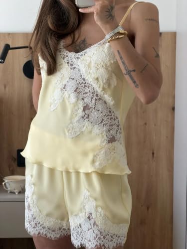 Image of Women Lace Trim Coquette Shorts Set Silk Satin 2Pcs Pajama Set Sleepwear