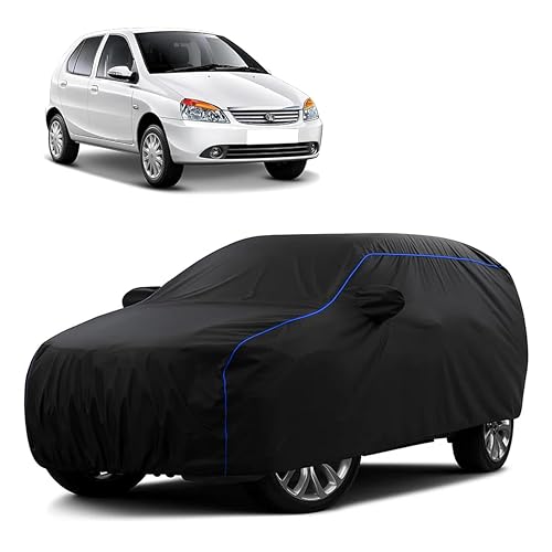 Image of Sulfar 100% Water Resistant Car Body Cover Compatible with Mirror for Tata Indigo (Triple Stitched, Full Bottom Elastic, Black Tafetta with Blue Piping)