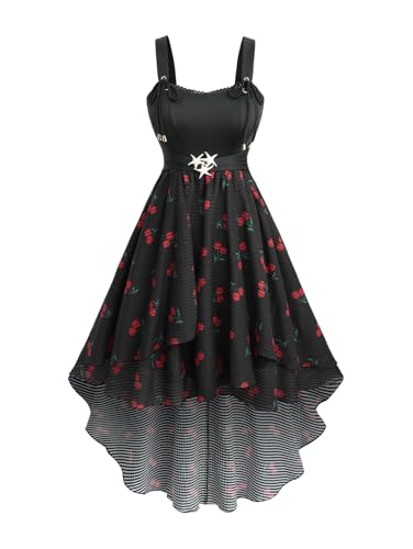 DRESSFO Women Cherry Printed Starfish Buckle Lace Trim High Low Tank Dress