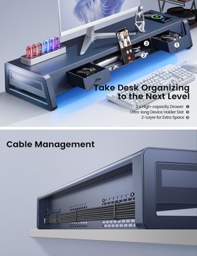 Image of Vaydeer All-in-One Dual Monitor Stand Riser with 2 Drawers, 8USB Ports and Wireless Charging Pad with LED Light Strip for 2 Monitors , Desk Organizer for PC, iMac (Metal, 39.3 inches)