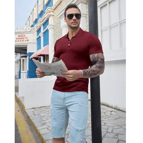 Image of Men's Short Sleeve Polo Shirts Buttons Collared T Shirts with Pocket