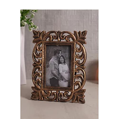 Image of Wooden Hand Carved Rectangular Photo Frame for Wall Mounted and Tabletops Display -5x7 Inche Picture Frame - Wood Carving Decorative Home Decor Accessories Distressed Finish (Antique Golden)