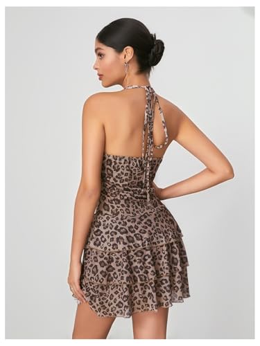 WDIRARA Women's Y2k Leopard Print Halter Dress Tie Backless Layered Ruffle Hem Mini Dresses Cheetah Mesh Dress3