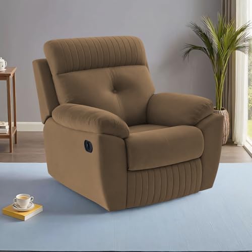 Image of Adorn India Premium Majestic 1 Seater Recliner Manual Sofa Chair | Camel Suede Velvet Fabric | Soft Padded Back Rest & Handrest | Living Room Recliner Chair | 3 Years Warranty