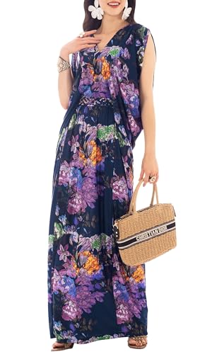 KOH KOH Langes Damen-Maxikleid mit V-Ausschnitt, Sommer, bedruckt, griechisch, fließend, ärmellos, Marineblau und mehrfarbig, XX-Large